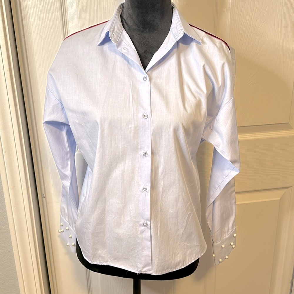 Zara Basic Blouse with Stripe on Sleeves and Pearls